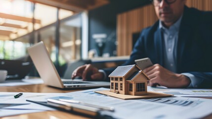 Fototapeta premium Home insurance being discussed in a property sales office with a model small building on the table AI generated illustration