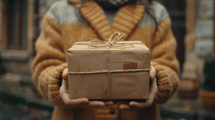 Person Holding Wrapped Gift Box In Cozy Sweater