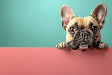 French Bulldog Peeking Over Pink Surface With Teal Background