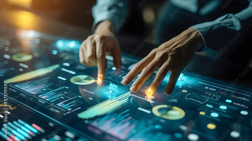 Poster illustrate a business analytics professional working on a large data set highlighting patterns and t