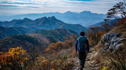 Obraz premium Hiker Admires the Breathtaking Mountain Panorama