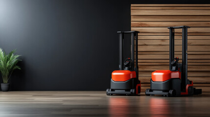 Pair of red electric pallet jacks positioned in a sleek, modern warehouse with wooden accents, highlighting industrial equipment in a clean environment.