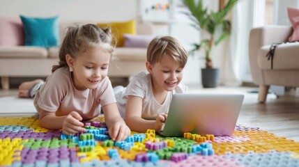 Fototapeta premium A couple is budgeting finances on a laptop while seated on a vibrant play mat filled with colorful building blocks, enjoying their time together in a welcoming living room atmosphere