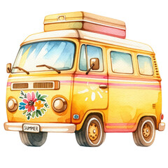 Watercolor painting of a retro yellow camper van decorated with flowers and sunshine for a summer adventure.