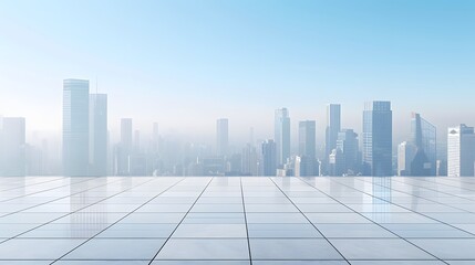 Illustration of an empty square floor against a panoramic city skyline AI generated illustration