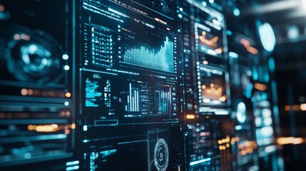 Obraz premium Futuristic technology interface with digital data visualization screens for analysis, cybersecurity, and artificial intelligence applications.