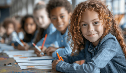 Multiethnic Group of Children and Adults Drawing with Teacher at Art Table in Classroom
