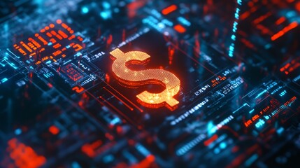 Glowing dollar symbol on a digital circuit board, representing finance, technology, and digital currency in a high-tech environment.