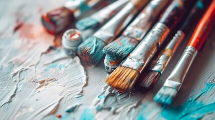 Fototapeta premium In close detail reveal a flat lay of artists paintbrushes and tubes of paint in a sparse minimalistic style AI generated illustration