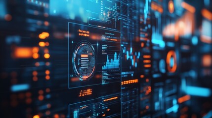 Fototapeta premium Modern digital interface with data visualizations, charts, and graphs. Blue and orange futuristic technology screen for analytics and information systems.