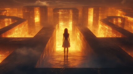 Fototapeta premium Golden Maze of Destiny - A silhouette of a girl standing at the entrance of a glowing, golden maze, evoking themes of choice, mystery, and fate.