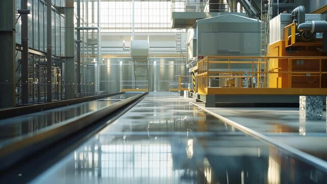 Concrete blocks wait on a factory line, ready for innovative manufacturing. Bright, modern interior showcases automated technology and metal construction