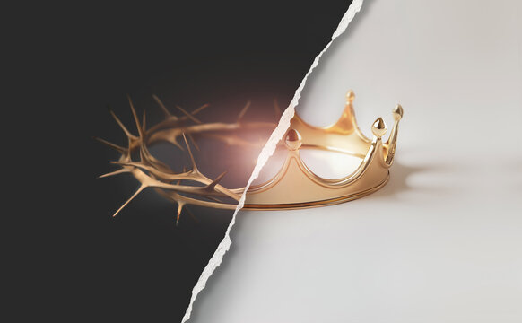 The reversal of the crown of thorns and the crown symbolizing suffering and trials, and the background of the Holy Week poster signifying the death and resurrection of Jesus
