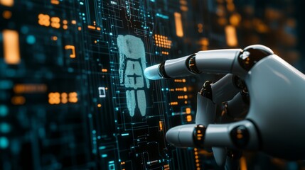 Fototapeta premium Robotic hand interacting with digital screen displaying AI interface, symbolizing technology and artificial intelligence advancements.