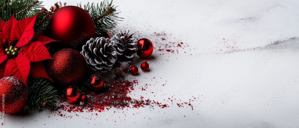 Wall mural  A white table is adorned with red and silver ornaments, featuring a pinecone atop a stack of red and silver balls