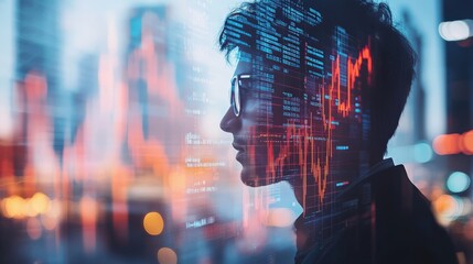 Silhouette of a professional analyzing digital financial data with stock market charts overlay in a futuristic cityscape setting.