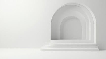 White 3D stage with subtle lighting and smooth surfaces, minimalist design, elegant simplicity