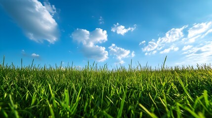 Obraz premium Early Morning Meadow Under Sunny Blue Sky with Peaceful Atmosphere and Open Space