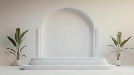 White 3D stage with subtle lighting and smooth surfaces, minimalist design, elegant simplicity