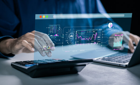 Businessman with data management system by AI artificial intelligence technology to make report with KPI and metrics connected to database. finance, sales, marketing, KPI key performance indicator