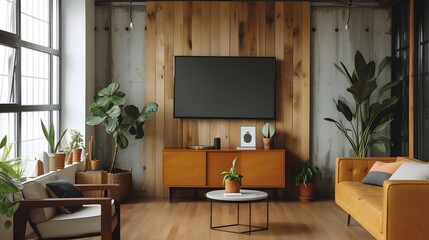 Fototapeta premium Intricate wooden frame surrounding a minimal movie poster enhancing the rooms sophistication AI generated illustration