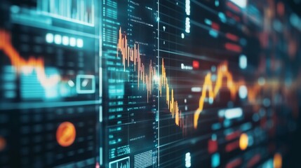 Vibrant stock market data visualization on a digital screen showing financial analysis, trends, and market movement in a dynamic environment.