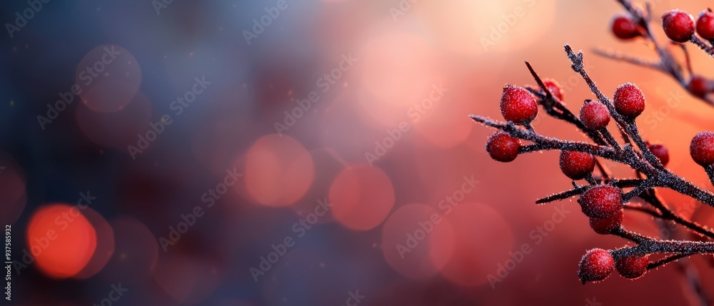 Sticker  A tight shot of berries on a tree branch against a softly blurred backdrop of holiday lights