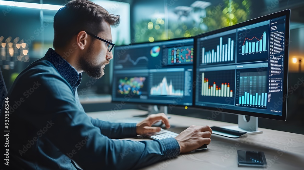 Poster juxtaposition of an analyst with their tools - computer dashboard used for efficient data analysis a