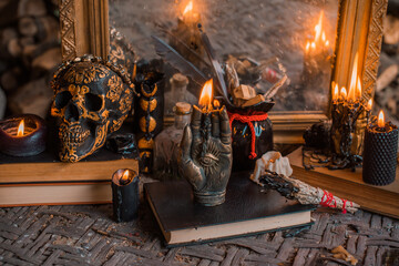 Candles scene with another design for Halloween party on a table, stuff for autumn Holidays