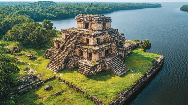 Ancient mayan ruins of ek balam surrounded by lush green jungle in yucatan, mexico