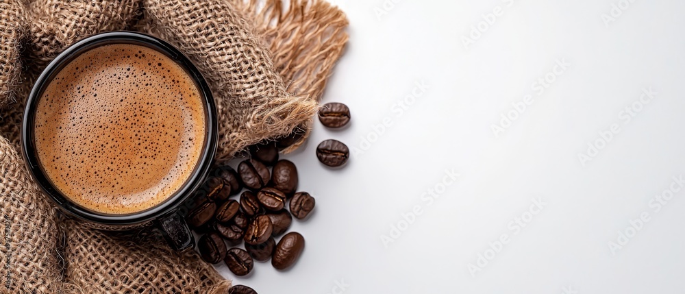 Sticker  A cup of coffee atop coffee beans, nearby are sacks of burlap