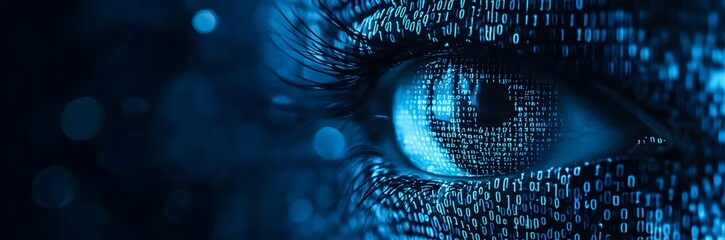 Halftone letter binary code pattern forming a pair of eyes. Coding language symbols forming a human form