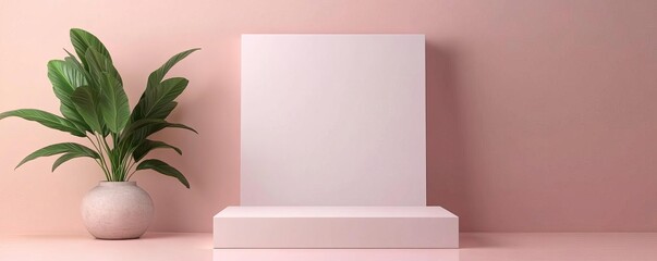 Simple 3D display with a square podium and soft pastels, minimalist platform, elegant presentation