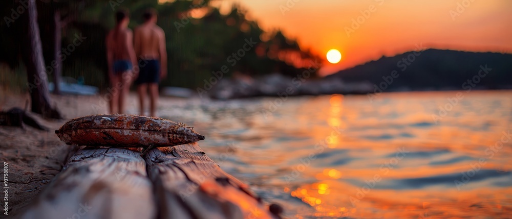 Poster a few individuals stand on a beach, adjacent to a body of water a log is situated in the foreground