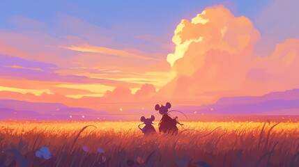 Fototapeta premium Two mice stand in a field of tall grass at sunset, with a large cloud in the sky.