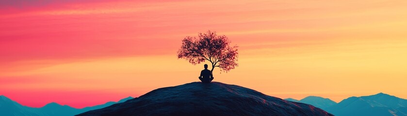 A serene landscape featuring a solitary tree and a person meditating on a hill at sunset, surrounded by majestic mountains.