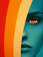 Colorful abstract portrait of a woman, half of the face covered with stripes in red, orange and yellow