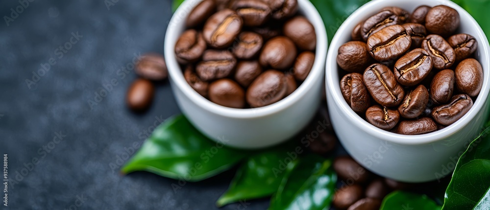 Sticker  Two white cups hold coffee beans atop a green table, leaf-covered, adjacent to a third cup filled with beans