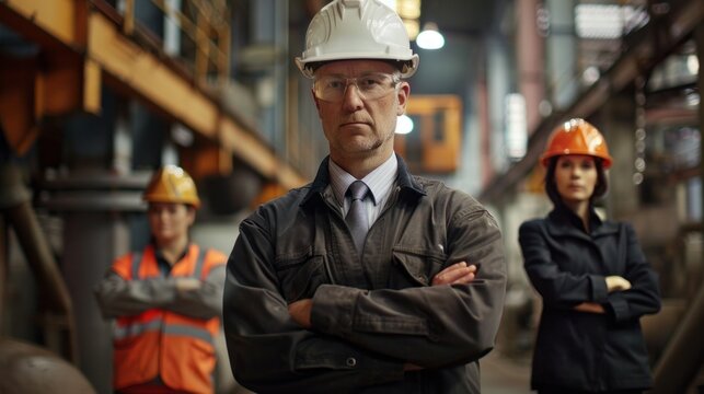 Three workers stand confidently in a lively manufacturing facility, exuding professionalism and determination as they embody teamwork and industriousness in their environment