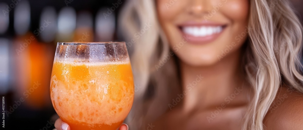 Sticker  A woman with long blonde hair gazes at a man as he holds a glass of orange juice in front of her