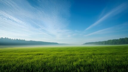 Obraz premium Captivating Wide Open Green Meadow with Misty Blue Sky and Wispy Clouds in Serene Countryside Landscape