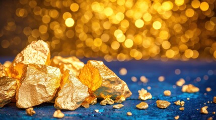 Golden Nuggets: A close-up of raw gold nuggets, shimmering against a backdrop of warm, golden bokeh lights. The image evokes wealth, prosperity, and the allure of precious metals. 