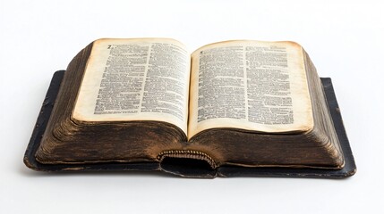 Obraz premium Black Leather Bible Open to a Single Page on Clean White Background