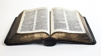 Fototapeta premium Black Leather Bible Open to a Single Page on Clean White Background