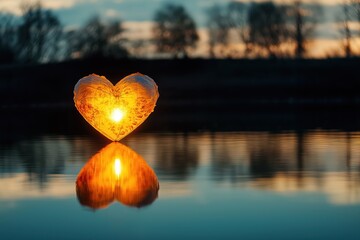 Fototapeta premium Glowing heart shape floating on water reflecting in evening light