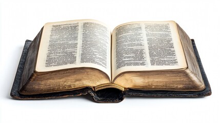 Fototapeta premium Black Leather Bible Open to a Single Page on Clean White Background