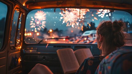 Fototapeta premium In a cozy setting, a woman engrossed in her book enjoys a magical evening as vibrant fireworks burst in the night sky, illuminating her surroundings with color