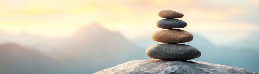 A serene stacked stone arrangement against a tranquil mountain backdrop, symbolizing balance and harmony in nature.