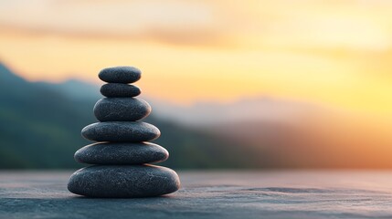 A serene stack of pebbles symbolizing mindfulness and balance against a beautiful sunset backdrop.