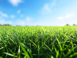 Fototapeta premium Close up view of lush vibrant green grass with a bright blue sky and fluffy white clouds in the background